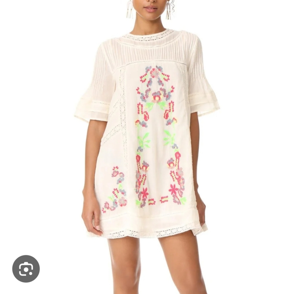 Free People Cream Floral Embroidered Mini Dress